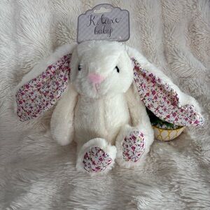 Kellytoy K Luxe Baby Floral 12" Bunny Rabbit Rattle Crinkle Ears White Floral